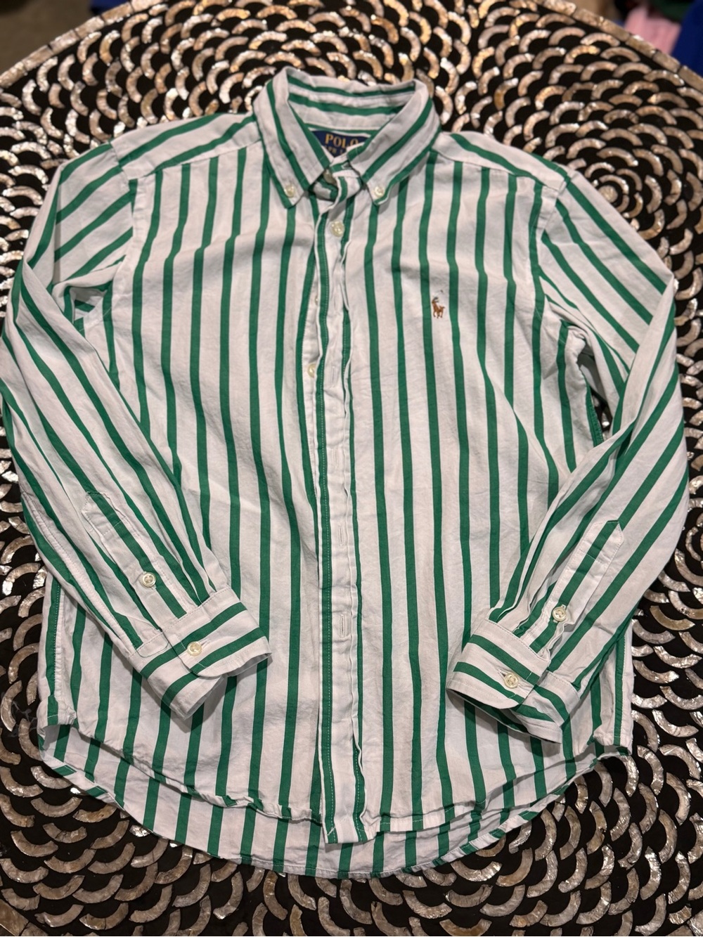 Polo by Ralph Lauren White Shirt with Green Vertical Stripes